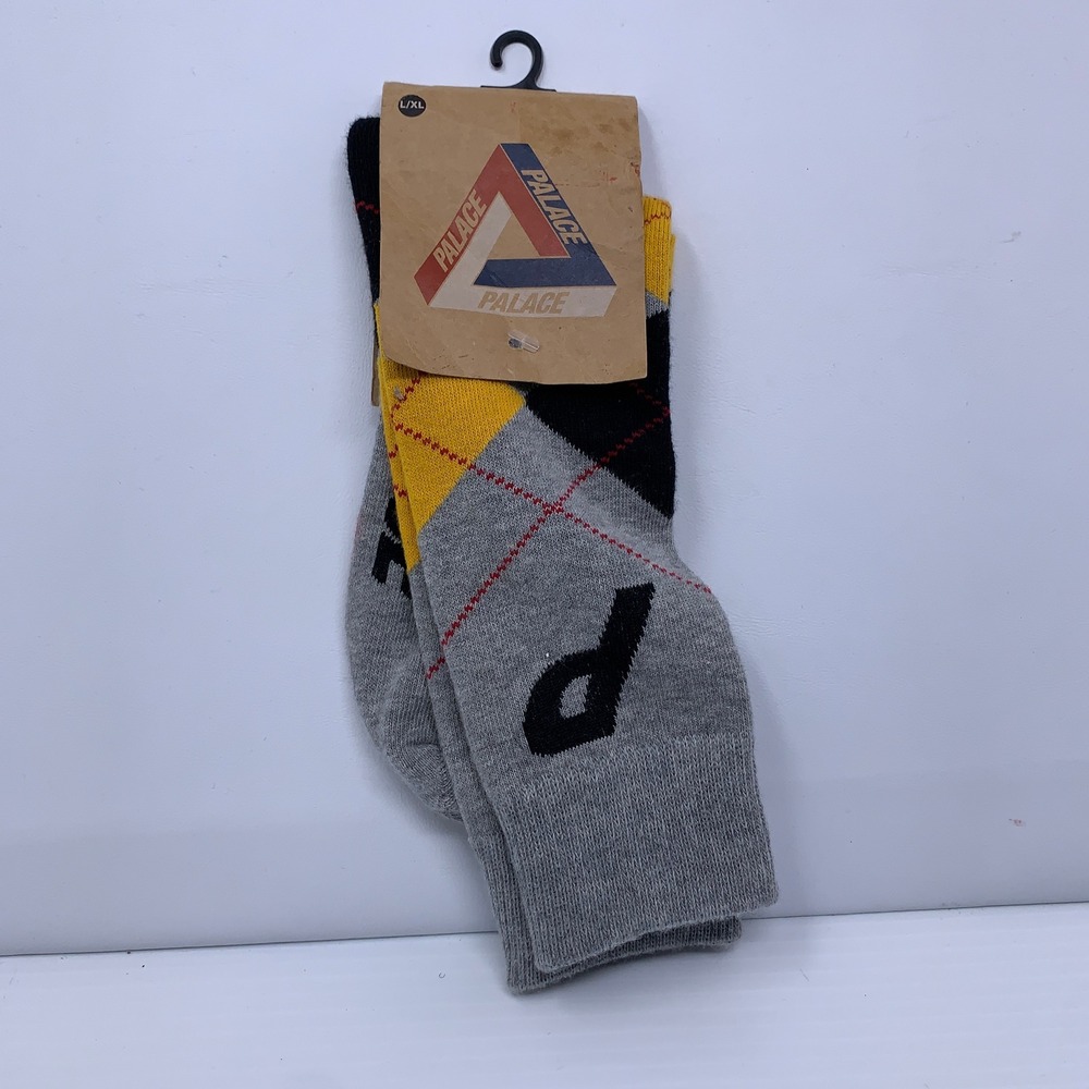 Palace Mens L/XL Grey Yellow Argyll P17SK021 Germany Crew Socks NWT